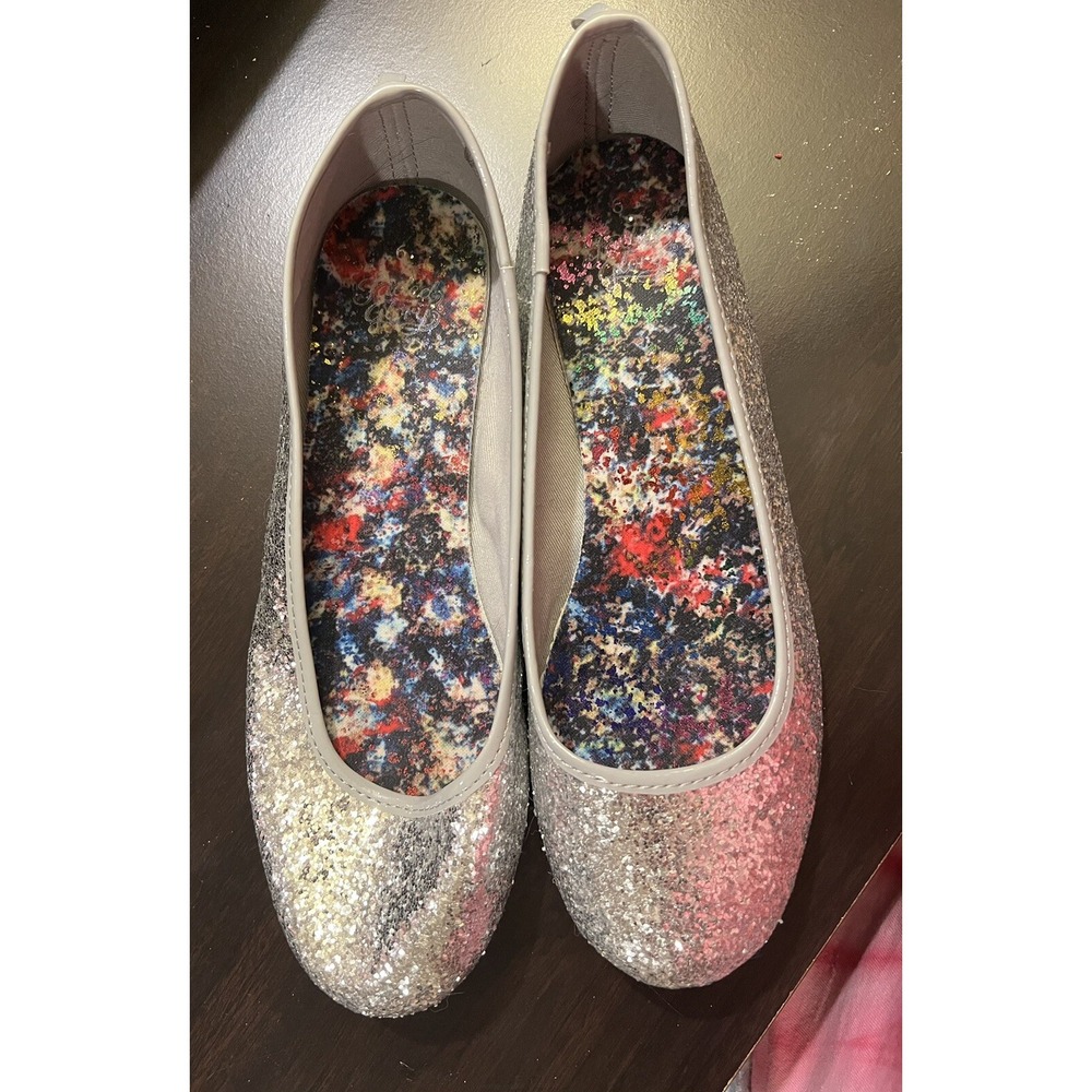 Faded Glory Girl's Slip-On Silver‎ Glitter Dress Shoes size 6 Flats